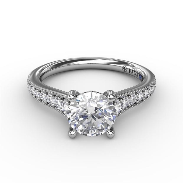 Fana Diamond Engagement Ring With Milgrain in 14k White Gold. 0.35ct on sides