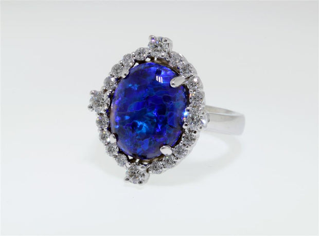 Plateau Jewelers Black Opal and Diamond Ring in 14k White Gold