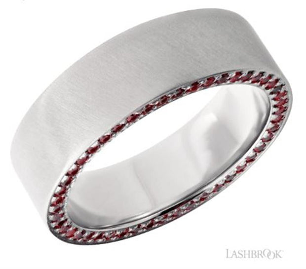 Lashbrook Designs flat ruby side eternity band in 14k white gold