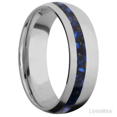7 mm wide/Domed/Titanium band with one 2 mm Off Center inlay of Blue Tiger Eye.