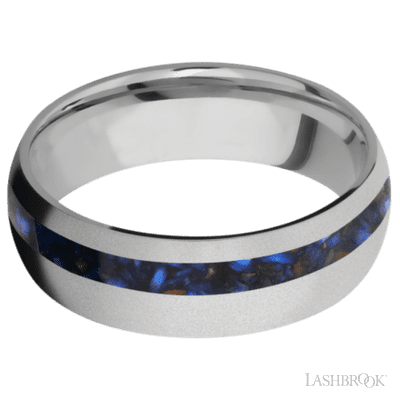 7 mm wide/Domed/Titanium band with one 2 mm Off Center inlay of Blue Tiger Eye.