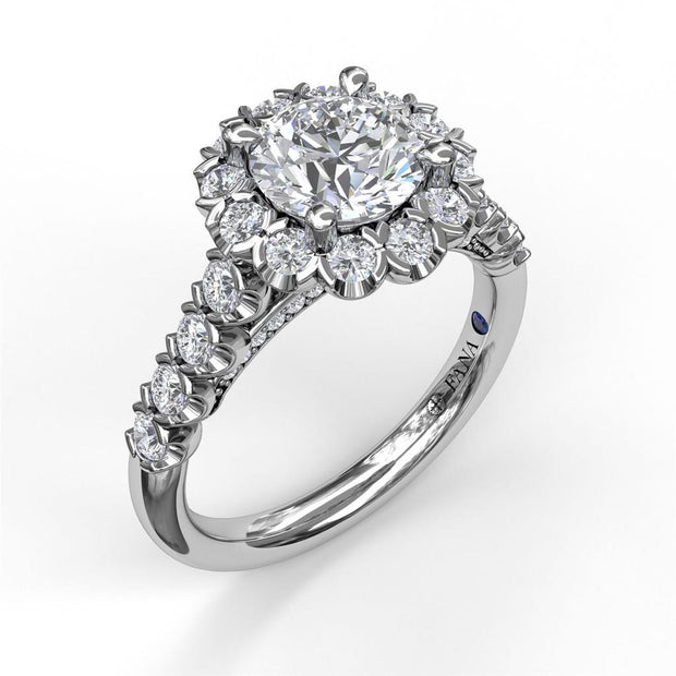 FANA 14K White Gold Round Halo Diamond Engagement Semi-Mount Ring