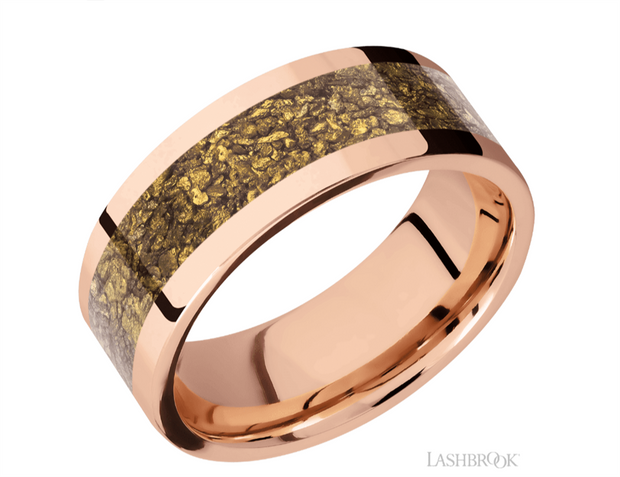 Lashbrook Designs high bevel band with hammered finish in 14k rose gold