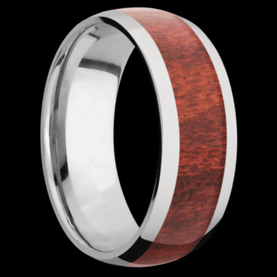 8 mm wide/Domed/Titanium band with one 5 mm Centered inlay of Red Heart.