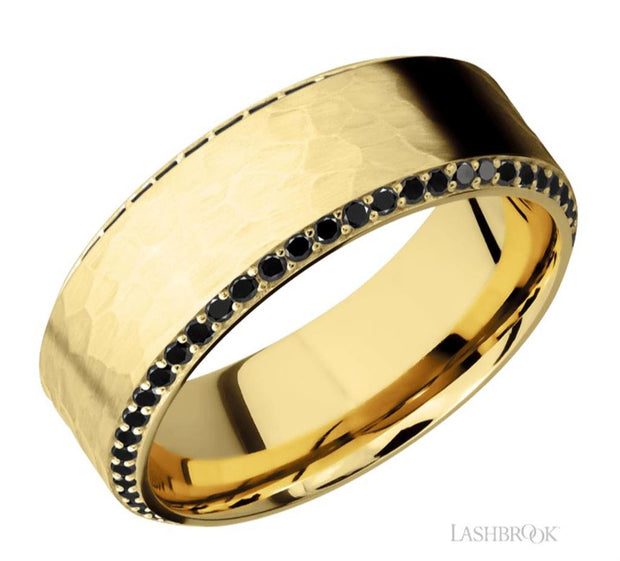 Lashbrook Designs black diamond side eternity band in hammered 14k yellow gold