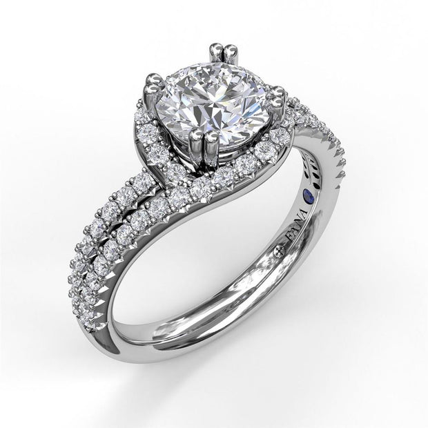 FANA 14K White Gold Swirl Halo with Split Shank Diamond Engagement Semi-Mount Ring