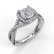 FANA 14K White Gold Crossover Halo Diamond Engagement Semi-Mount Ring