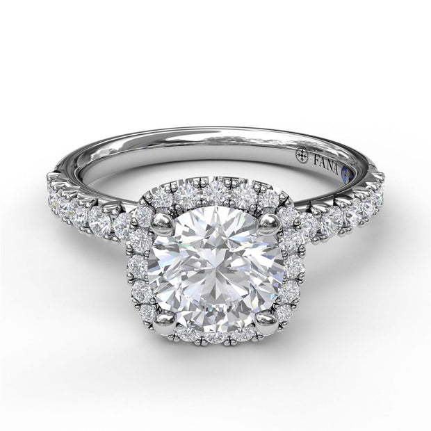 Fana Round Halo Cushion Cut Diamond Engagement Semi-Mount in 14k White Gold Ring