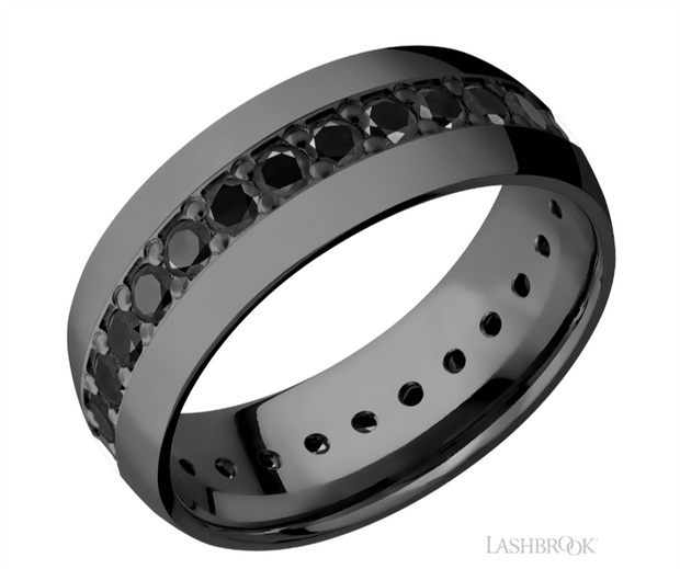 Lashbrook Designs black diamond eternity band with hammered finish in blackened zirconium