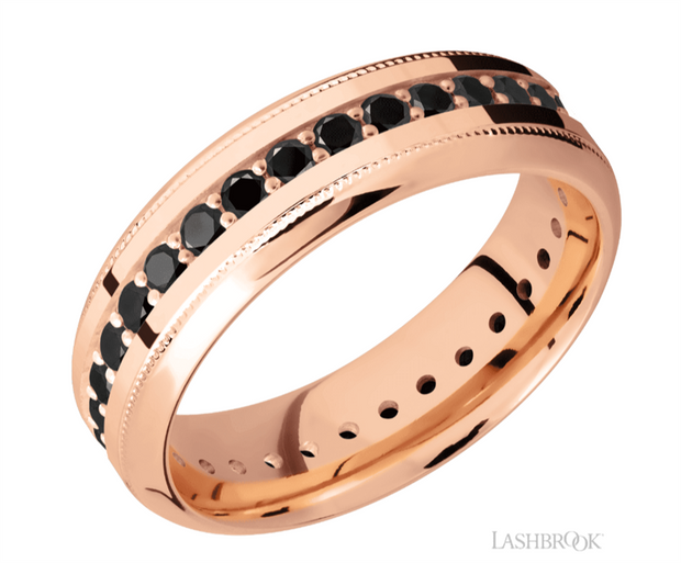 Lashbrook Designs bevel milgrain black diamond eternity band with satin finish in 14k rose gold