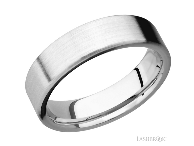 Lashbrook Designs flat wedding band with rock finish in 14k white gold