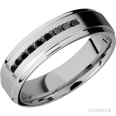 6 mm wide/Flat Grooved Edges/Cobalt Chrome band with an  arrangement of 9, .03 carat Round Black Diamond stones in a Channel setting.