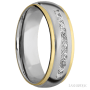 7 mm wide/Domed Stepped Down Edges/Cobalt Chrome band with an  arrangement of 9, .05 carat Round Lab Grown Diamond stones in a Channel setting and featuring two 1 mm Edge inlays of 14K Yellow Gold