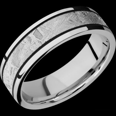 7 mm wide/Flat/Cobalt Chrome band with one 4 mm Centered inlay of Meteorite.