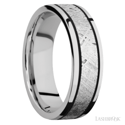 7 mm wide/Flat/Cobalt Chrome band with one 4 mm Centered inlay of Meteorite.