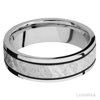 7 mm wide/Flat/Cobalt Chrome band with one 4 mm Centered inlay of Meteorite.