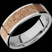 7 mm wide/Flat/Cobalt Chrome band with one 5 mm Centered inlay of Dinosaur Bone Tan.