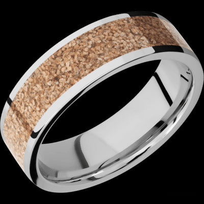 7 mm wide/Flat/Cobalt Chrome band with one 5 mm Centered inlay of Dinosaur Bone Tan.
