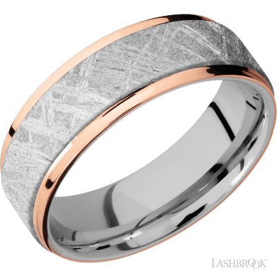 7 mm wide/Flat Grooved Edges/Cobalt Chrome band featuring inlays of Meteorite and 14K Rose Gold.