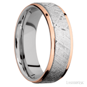 7 mm wide/Flat Grooved Edges/Cobalt Chrome band featuring inlays of Meteorite and 14K Rose Gold.