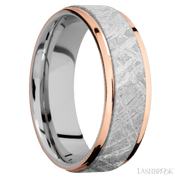 7 mm wide/Flat Grooved Edges/Cobalt Chrome band featuring inlays of Meteorite and 14K Rose Gold.