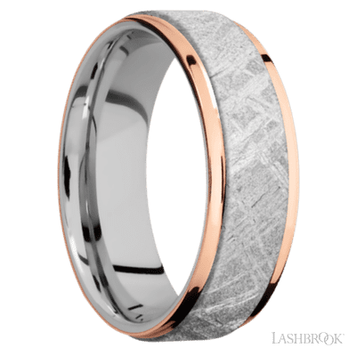7 mm wide/Flat Grooved Edges/Cobalt Chrome band featuring inlays of Meteorite and 14K Rose Gold.
