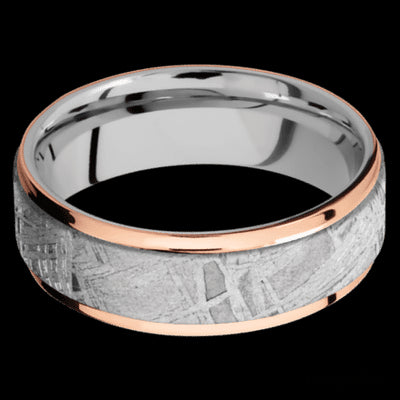 7 mm wide/Flat Grooved Edges/Cobalt Chrome band featuring inlays of Meteorite and 14K Rose Gold.