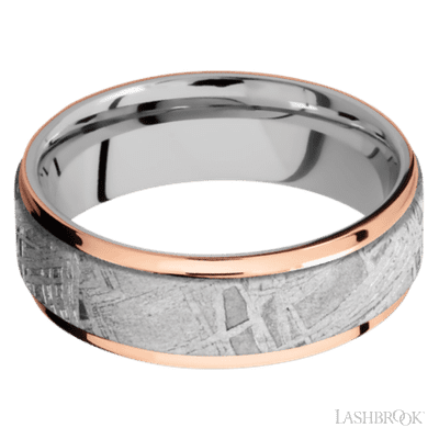 7 mm wide/Flat Grooved Edges/Cobalt Chrome band featuring inlays of Meteorite and 14K Rose Gold.