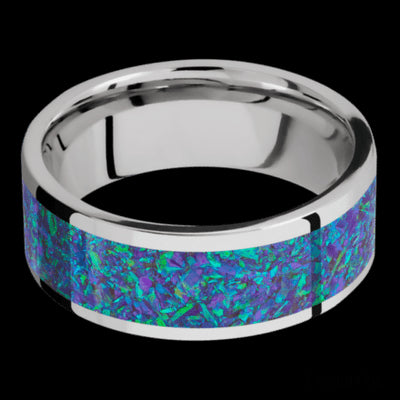 8 mm wide/Flat/Cobalt Chrome band with one 6 mm Centered inlay of Blue Green Opal.