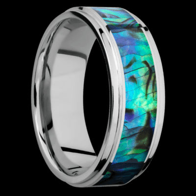 8 mm wide/Flat Grooved Edges/Cobalt Chrome band with one 5 mm Centered inlay of Abalone.
