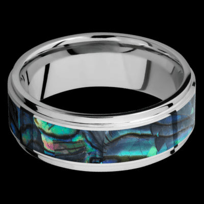 8 mm wide/Flat Grooved Edges/Cobalt Chrome band with one 5 mm Centered inlay of Abalone.