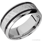 9 mm wide/High Bevel/Cobalt Chrome band featuring inlays of Dinosaur Bone Black and Meteorite.