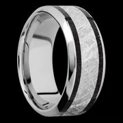 9 mm wide/High Bevel/Cobalt Chrome band featuring inlays of Dinosaur Bone Black and Meteorite.