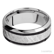 9 mm wide/High Bevel/Cobalt Chrome band featuring inlays of Dinosaur Bone Black and Meteorite.