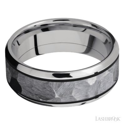 8 mm wide/Beveled/Cobalt Chrome band with one 5 mm Centered inlay of Tantalum.