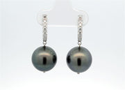 Small Diamond Hinged Hoop Earrings in 14k White Gold with Tahitian Pearl drops