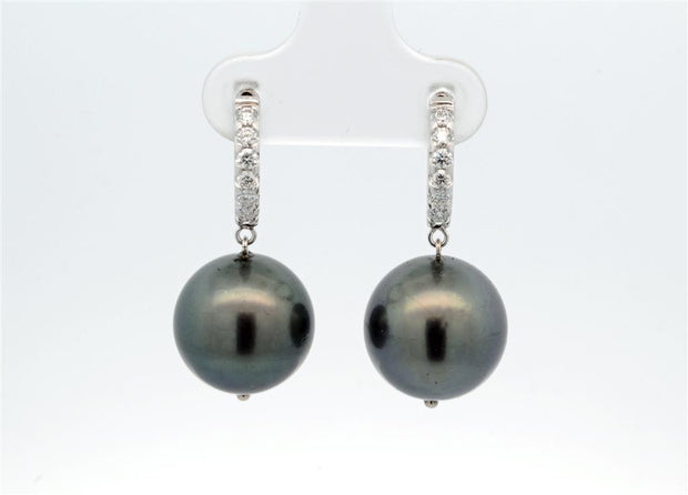Small Diamond Hinged Hoop Earrings in 14k White Gold with Tahitian Pearl drops