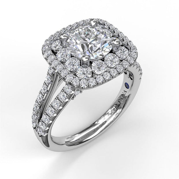 Fana Cushion Double Halo Diamond Engagement Semi-Mount Ring in 14k White Gold
