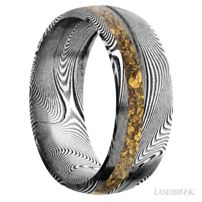8 mm wide/Domed/Tightweave band with one 2 mm Off Center inlay of Alaskan Gold Nugget.