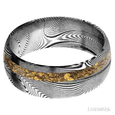 8 mm wide/Domed/Tightweave band with one 2 mm Off Center inlay of Alaskan Gold Nugget.