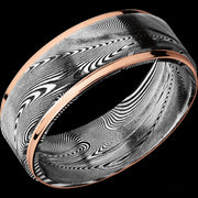 8 mm wide/Flat Grooved Edges/Tightweave band with two 1 mm Edge inlays of 14K Rose Gold.