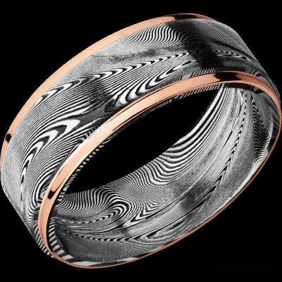 8 mm wide/Flat Grooved Edges/Tightweave band with two 1 mm Edge inlays of 14K Rose Gold.