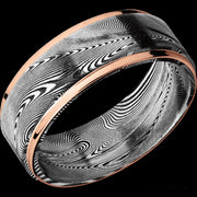 8 mm wide/Flat Grooved Edges/Tightweave band with two 1 mm Edge inlays of 14K Rose Gold.