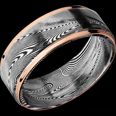 8 mm wide/Flat Grooved Edges/Tightweave band with two 1 mm Edge inlays of 14K Rose Gold.