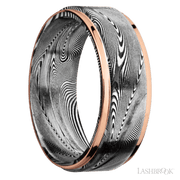 8 mm wide/Flat Grooved Edges/Tightweave band with two 1 mm Edge inlays of 14K Rose Gold.