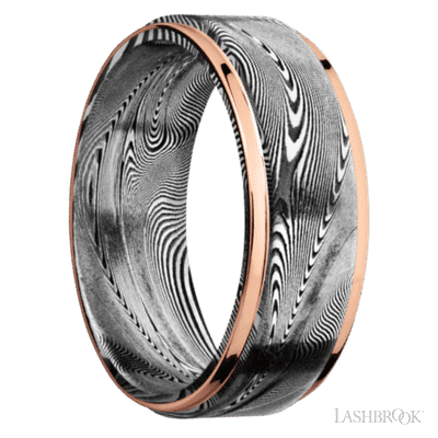 8 mm wide/Flat Grooved Edges/Tightweave band with two 1 mm Edge inlays of 14K Rose Gold.