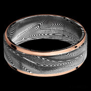 8 mm wide/Flat Grooved Edges/Tightweave band with two 1 mm Edge inlays of 14K Rose Gold.
