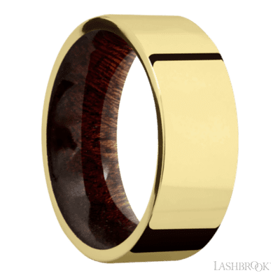 8 mm wide Flat 14K Yellow Gold band featuring a Sapele sleeve.