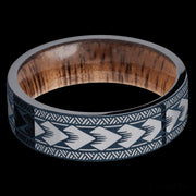 7 mm wide/Flat/Tantalum band with a laser carved Maori pattern also featuring a Koa sleeve.
