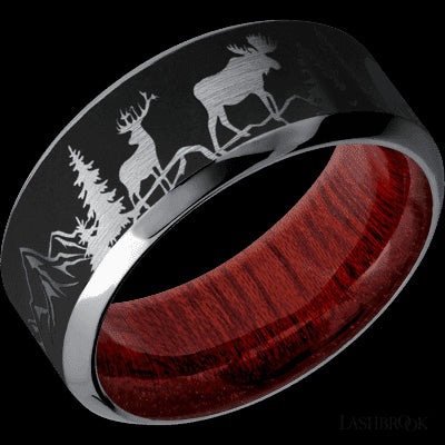 9 mm wide/High Bevel/Tantalum band with a laser carved Bear Moose Deer Mountain pattern also featuring a Blood Wood sleeve.